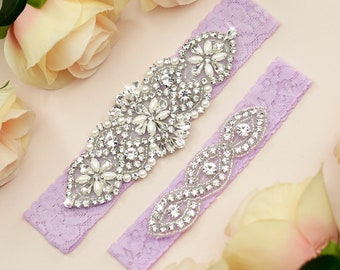Lavender Wedding Garter Set, Lavender Bridal Garter, Wedding Garter Belt, Bridal Garter, Rhinestone Garter Set, Light Purple Garter