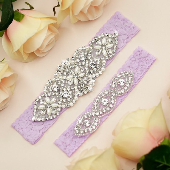 Lavender Wedding Garter Set, Lavender Bridal Garter, Wedding Garter Belt, Bridal Garter, Rhinestone Garter Set, Light Purple Garter