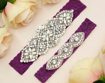 Wedding Garter, Purple Wedding Garter, Bridal Garter Set, Purple Garter, Garter for Wedding, Rhinestone Garter, Beaded Garter, Lace Garter