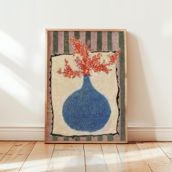 Ölpastelle Eklektische Minimalistische Mid Century Botanische Stillleben Druckbare Boho Lebendige Kunst | Vase Moderne Blumenzeichnung, Rot Beige.