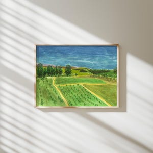 Colourful Farmland Landscape Painting, Digital Print, green Blue Country Scenery, Summer Hills Wall Art, Watercolour Paddy Fields Art Print