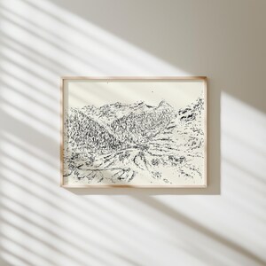 Mountain Landscape Pencil Sketch, Digital Print,Neutral Black & White Forest Valley Sketch Art Print, Vintage Summer Graphite Hills Drawing