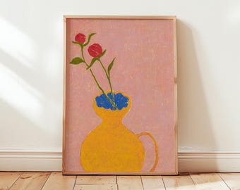 水彩画の花瓶、バラのガラス花瓶、オリジナル絵画、ガラスに入った