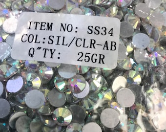 SS34 Flat Back Rhinestone -Crystal AB Loose Rhinestone Packs/  High Quality Crystal-7mm -25 Gross