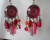 Pink prints and mandala cabochon earrings