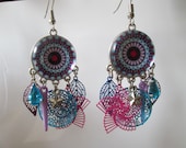 prints and pink and turquoise mandala cabochon earrings