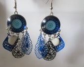 prints and blue mandala cabochon earrings