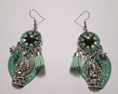 Green and black prints and geometric cabochon earrings