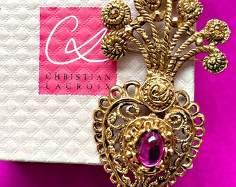 CHRISTIAN LACROIX vintage heart-shaped brooch "Noel 90" with signature, gold-plated, in original box, unworn