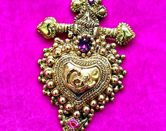 Rare CHRISTIAN LACROIX "Noel 1989" vintage heart brooch with cross and three stones, gold-plated, unworn