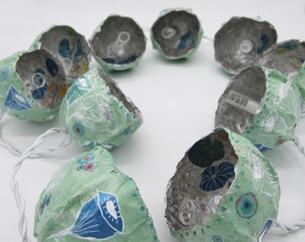 Paper mache green, blue and silver color light garland