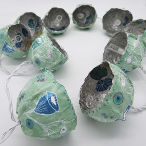 Paper mache green, blue and silver color light garland