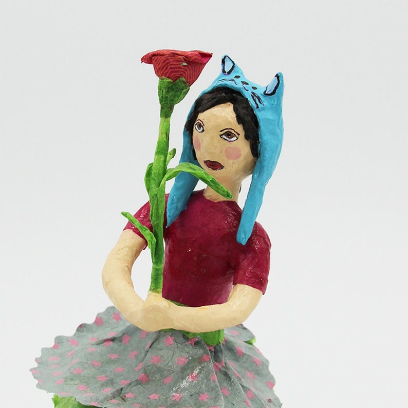 Sculpture of paper mache young girl with rose entirely hand made image 4