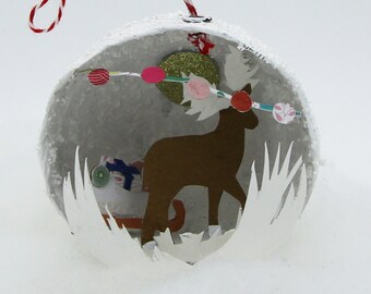 Paper mache Christmas ball and paper cut moose