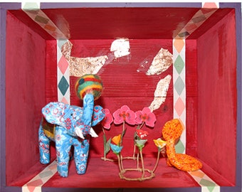 3D box or diorama, entirely hand made with paper mache animals sculptures