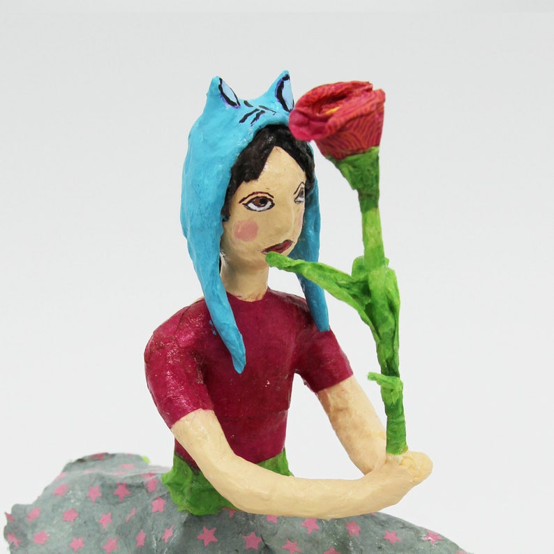 Sculpture of paper mache young girl with rose entirely hand made image 7