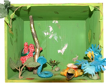 Cadre en bois 3D - Diorama fait main avec sculptures animaux en papier mâché