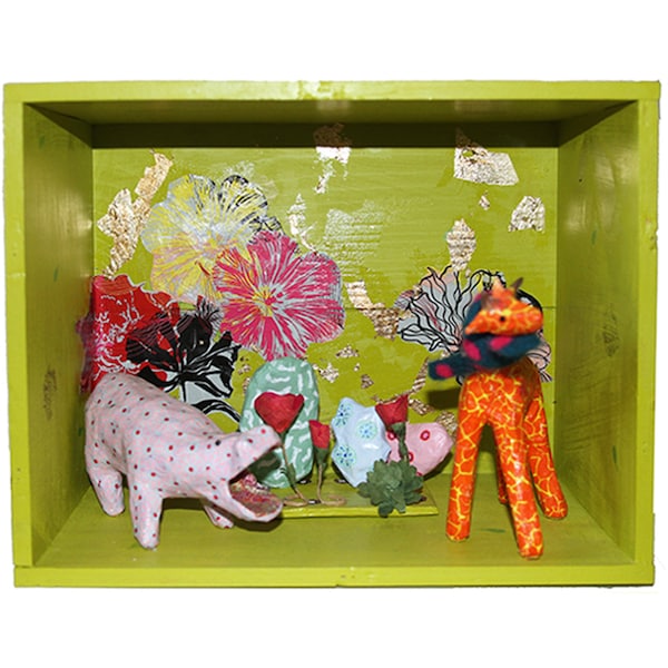 3D box or diorama, entirely hand made with paper mache animals sculptures