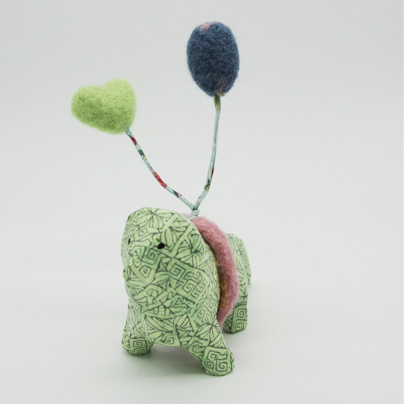 Green paper mache lion with needle felt balloons image 4