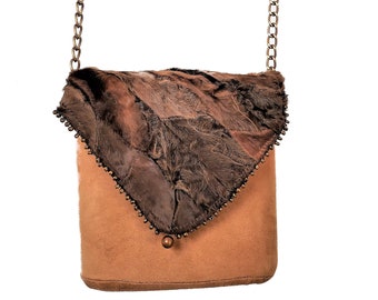 Exclusive beige handmade suede box-bag with fur and a long handle