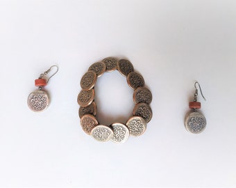 Handmade set of "old coins". Earrings with coral and bracelet