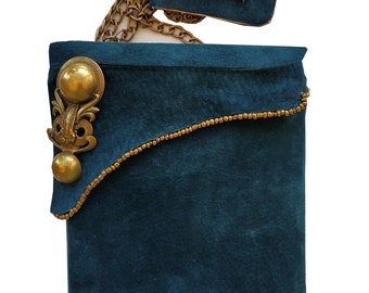 Exclusive Suede sea-green box-bag with a long chain handle