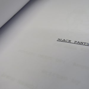 May include: A close-up of a white page with the text "BLACK PANTHER" printed in black.