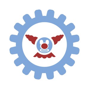 May include: A blue gear with a red and white clown face inside. The clown has a red nose and a red smile.