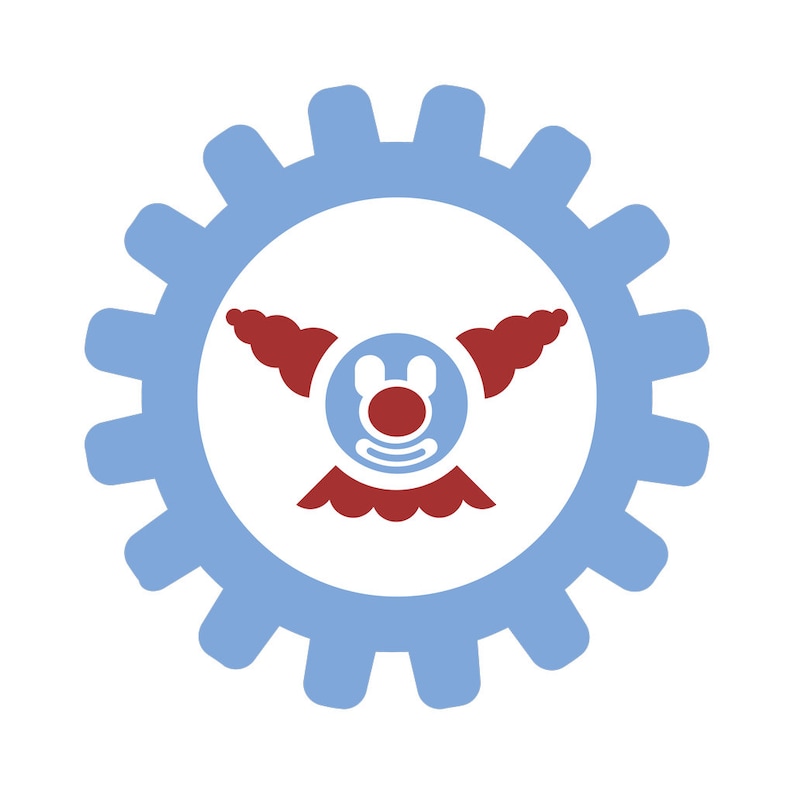 May include: A blue gear with a red and white clown face inside. The clown has a red nose and a red smile.