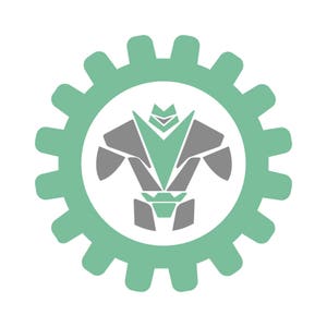 Peut inclure: Logo avec une figure de robot stylisée grise et verte, centrée dans un engrenage vert. Le robot a un design géométrique, avec une tête en forme de V et un corps angulaire. L'engrenage a une forme de roue dentée classique.