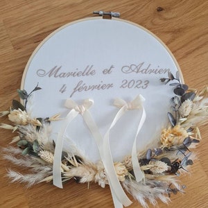 Personalized embroidered wedding ring holder with your first names. Made from natural flowers. A trendy accessory for your wedding image 1