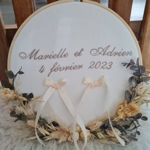 Personalized embroidered wedding ring holder with your first names. Made from natural flowers. A trendy accessory for your wedding image 6