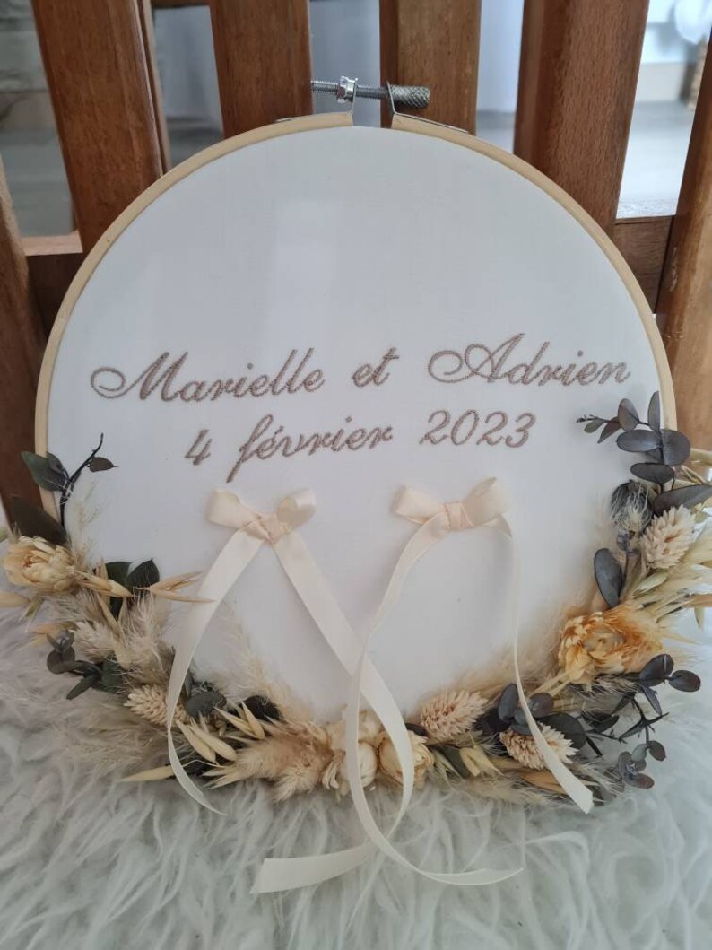 Personalized embroidered wedding ring holder with your first names. Made from natural flowers. A trendy accessory for your wedding image 6