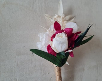 Boutonnière mariage bohème, collection Anna. Accessoire pour marié, garçons d'honneurs, témoins réalisé en fleurs stabilisées.