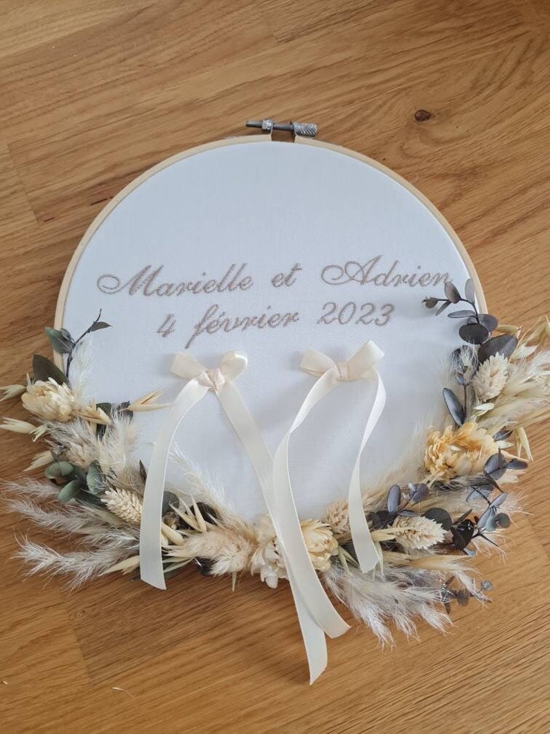 Personalized embroidered wedding ring holder with your first names. Made from natural flowers. A trendy accessory for your wedding image 1