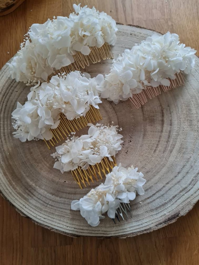 Peigne à cheveux mariage, en fleurs stabilisées, hortensia, Victoria. Idéal coiffure de mariage bohème, EVJF, baptême, anniversaire... image 4