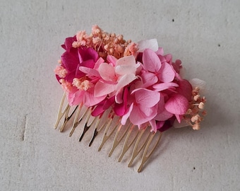 Peineta Mia, hecha de hortensia preservada y flor de retama. Un accesorio colorido para tu peinado de boda, despedida de soltera, cumpleaños,