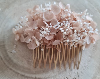 Peigne à cheveux Thelma, en hortensia et broom bloom stabilisées. Un accessoire pour vôtre coiffure de mariage, EVJF, anniversaire