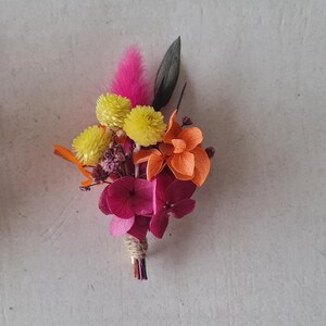 Kayla boutonniere for groom, best man, groomsmen. Colorful accessory made from dried and preserved flowers.