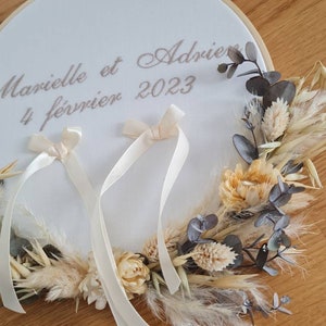 Personalized embroidered wedding ring holder with your first names. Made from natural flowers. A trendy accessory for your wedding image 4