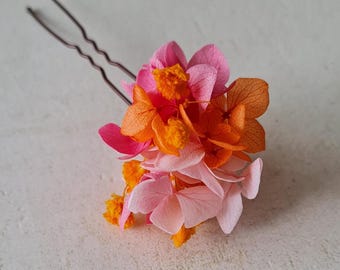 Epingles à cheveux Vahina, en fleurs stabilisées, éternelles. Des pics colorés pour sublimer vôtre coiffure de mariage, EVJF, anniversaire
