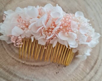 Peigne à cheveux, en hortensia, broom bloom, et pampa stabilisés collection Romantique. Un accessoire pour sublimer vôtre coiffure de mariée