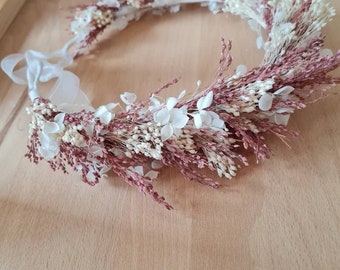 Couronne de fleurs collection Lilas. Accessoire de cheveux pour mariée réalisé en fleurs séchées et stabilisées, coloris beige et vieux rose