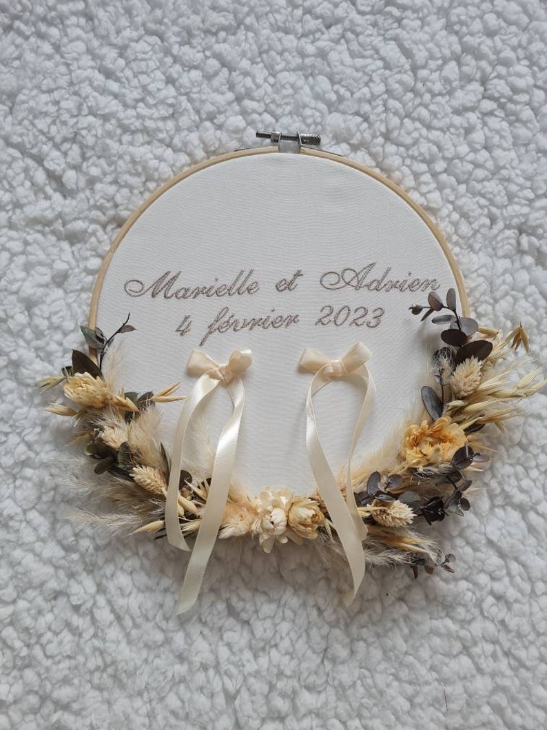 Personalized embroidered wedding ring holder with your first names. Made from natural flowers. A trendy accessory for your wedding image 5