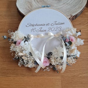 personalized embroidered wedding ring holder with your first names. Made from natural flowers. A romantic accessory for your wedding
