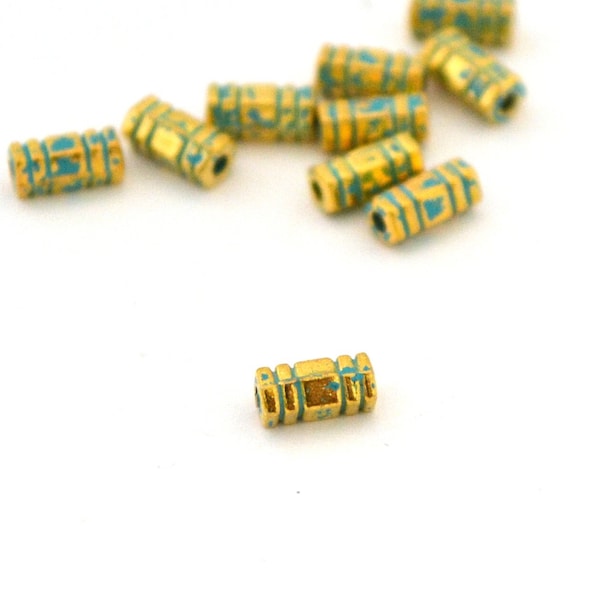 10 perles tubes doré turquoise ethniques 7x3mm