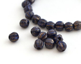 25 round golden navy blue beads 6 mm with large hole