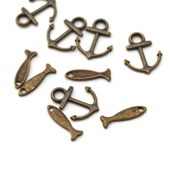 10 breloques ancres marine et poissons bronze 15x19 mm