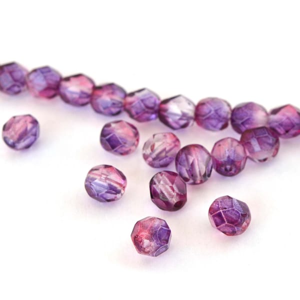 25 perles Tchèques en verre bicolore violet à facettes  6mm