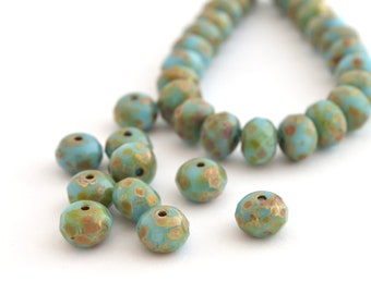 10 faceted glass rondelle beads 7 mm turquoise blue and bronze